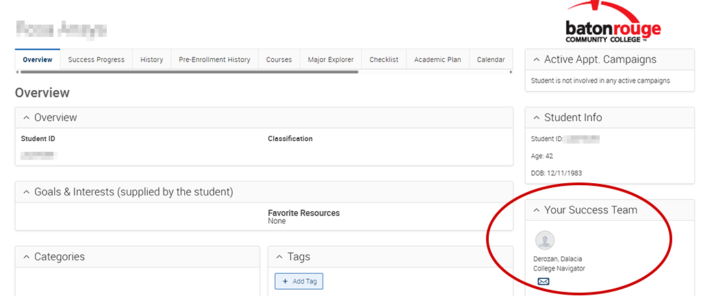screen cap of Navigate360 showing the "Your Support Team" section