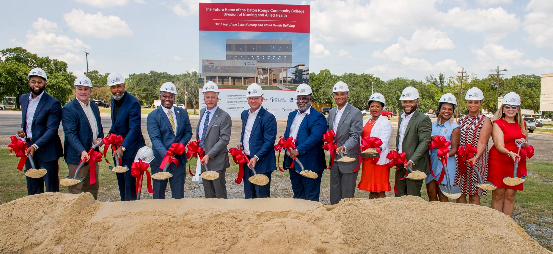  Representatives from Baton Rouge Community College and Our Lady of the Lake break ground on the new Nursing and Allied Health Building during a groundbreaking ceremony on the BRCC Mid City Campus on Thursday, Aug. 8, 2023.