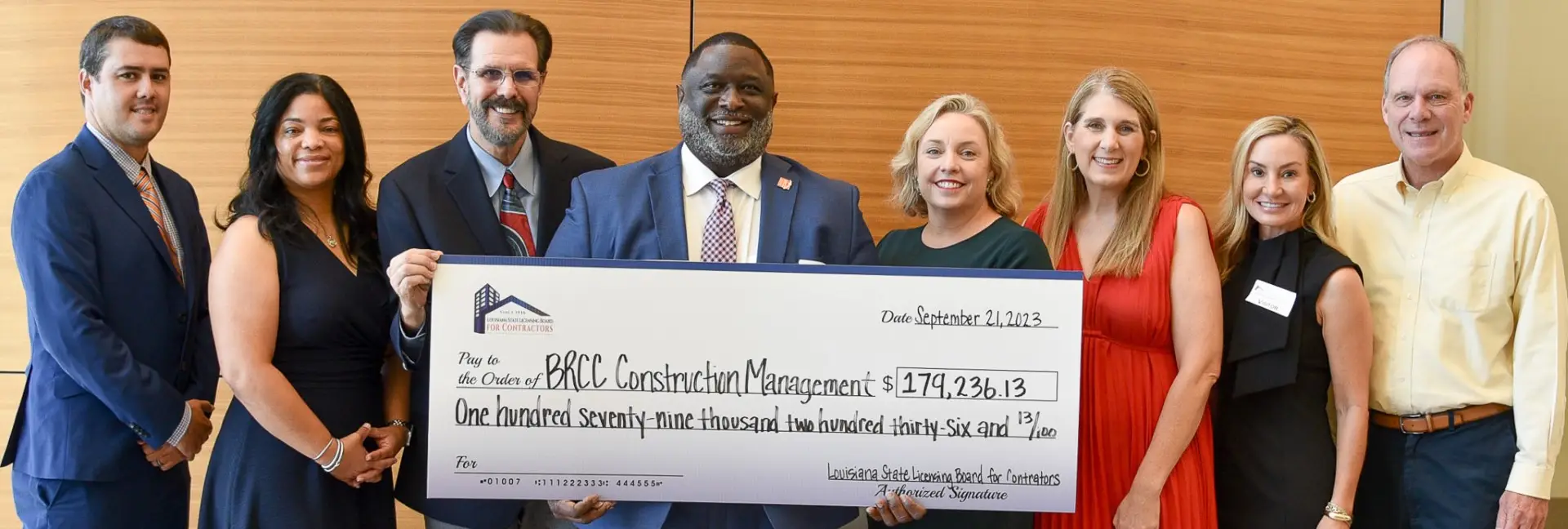 Baton Rouge Community College representatives pictured accepting the donation from the Louisiana State Licensing Board for Contractors (l to r): Louisiana Associated General Contractors Operations Manager Michael Demouy, BRCC Dean of Business and Law Dr. Chandra Joseph, BRCC Construction Program Manager Gery Frie, BRCC Chancellor Dr. Willie E. Smith, BRCC Provost and Vice Chancellor of Student and Workforce Development Dr. Sarah Barlow, BRCC Vice Chancellor of Institutional Advancement Dr. Pilar Eble, Louisiana State Representative Paula Davis, and Louisiana State Senator Franklin Foil.