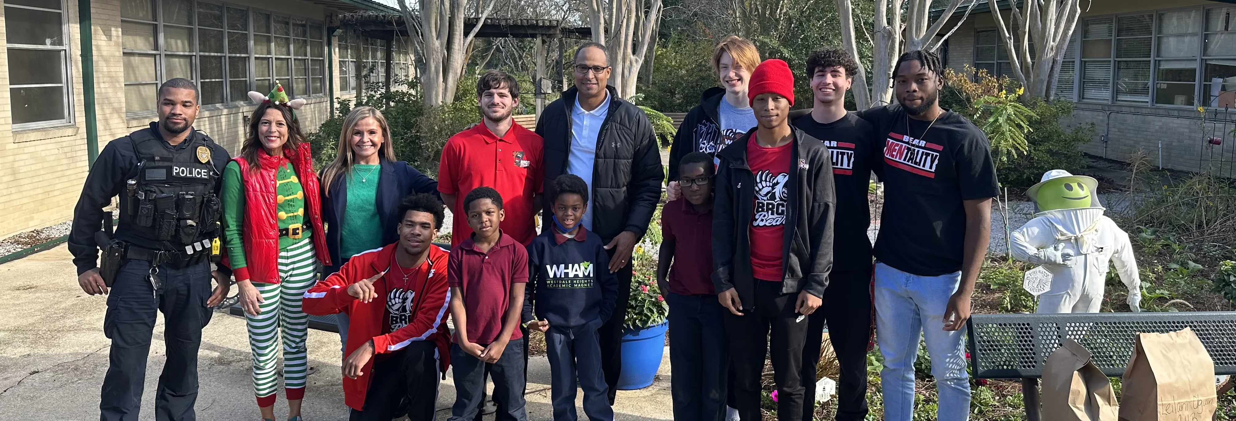 BRCC Men’s Basketball Team delivering gifts and interacting with students from Westdale Heights Academic Magnet (WHAM) and Baton Rouge Foreign Language Academy Immersion Magnet (FLAIM).