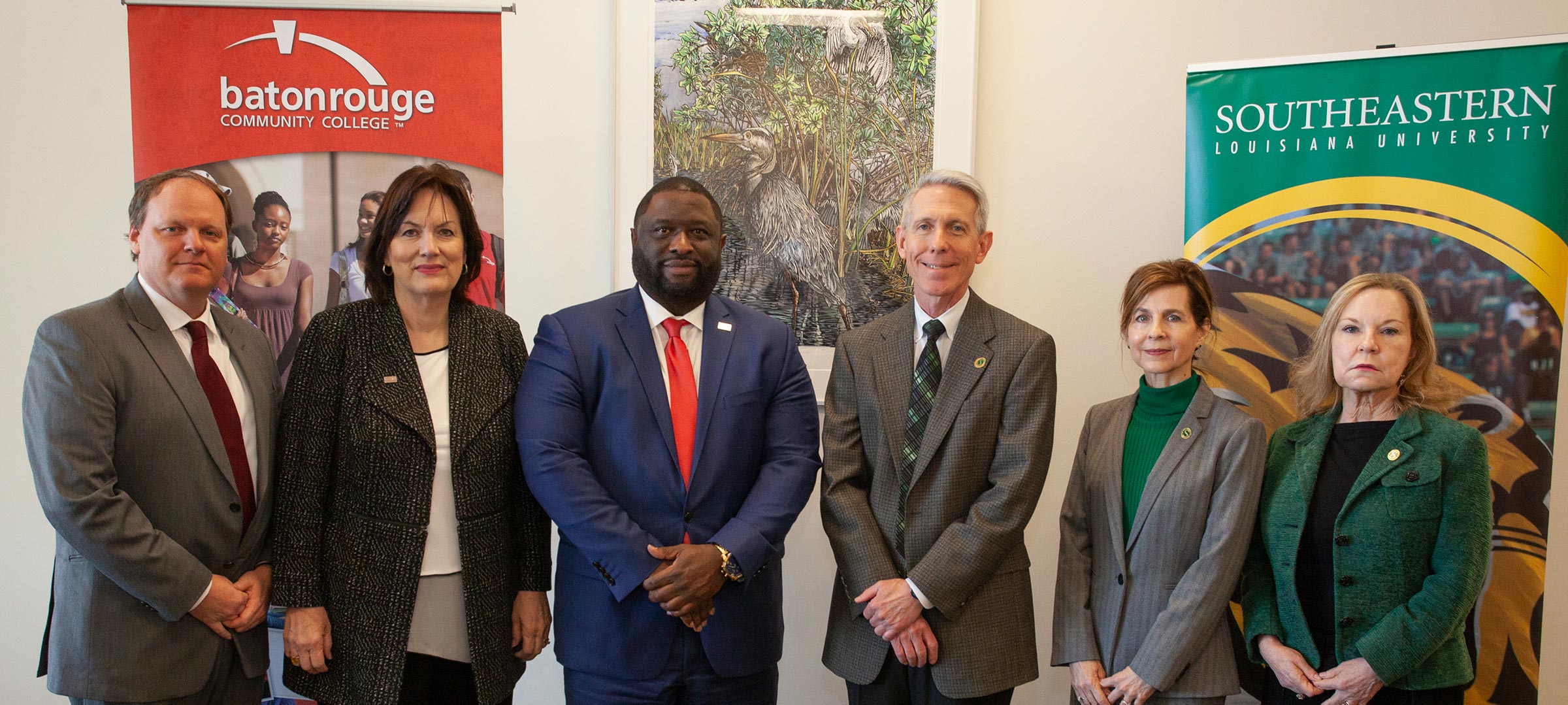 BRCC Dean of Business, Social Sciences and History Todd Dozier, BRCC Vice Chancellor for Academic and Student Affairs Laura Younger, BRCC Chancellor Willie E. Smith, Southeastern President John L. Crain, Southeastern Provost and Vice President for Academic Affairs Tena Golding, and Southeastern Dean of the College of Arts, Humanities and Social Sciences Karen Fontenot.