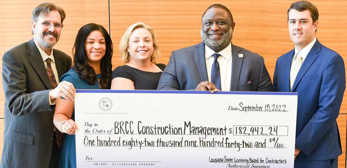 Baton Rouge Community College representatives pictured accepting the donation from the Louisiana State Licensing Board for Contractors. Pictured (l to r) BRCC Construction Program Manager Gery Frie, BRCC Dean of Business and Law Dr. Chandra Joseph, BRCC Vice Chancellor of Academic and Student Affairs Dr. Sarah Barlow, BRCC Chancellor Dr. Willie E. Smith, and  Louisiana Associated General Contractors Operations Manager Michael Demouy.